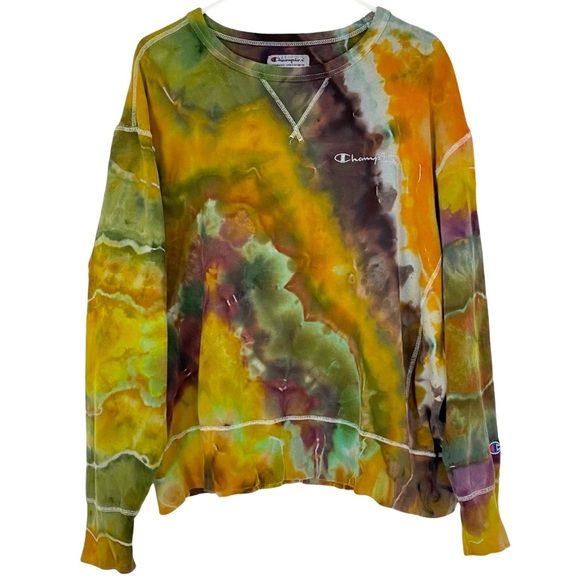 Champion Geode Tie Dye Sweatshirt Pullover Mens Size XL Unisex Crewneck Gold Tan - Picture 1 of 11